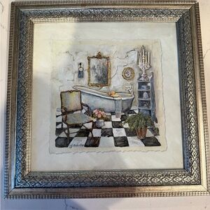 C Winterle Olson Framed Home Art Print - Vintage Bathtub Scene in Silver Frame